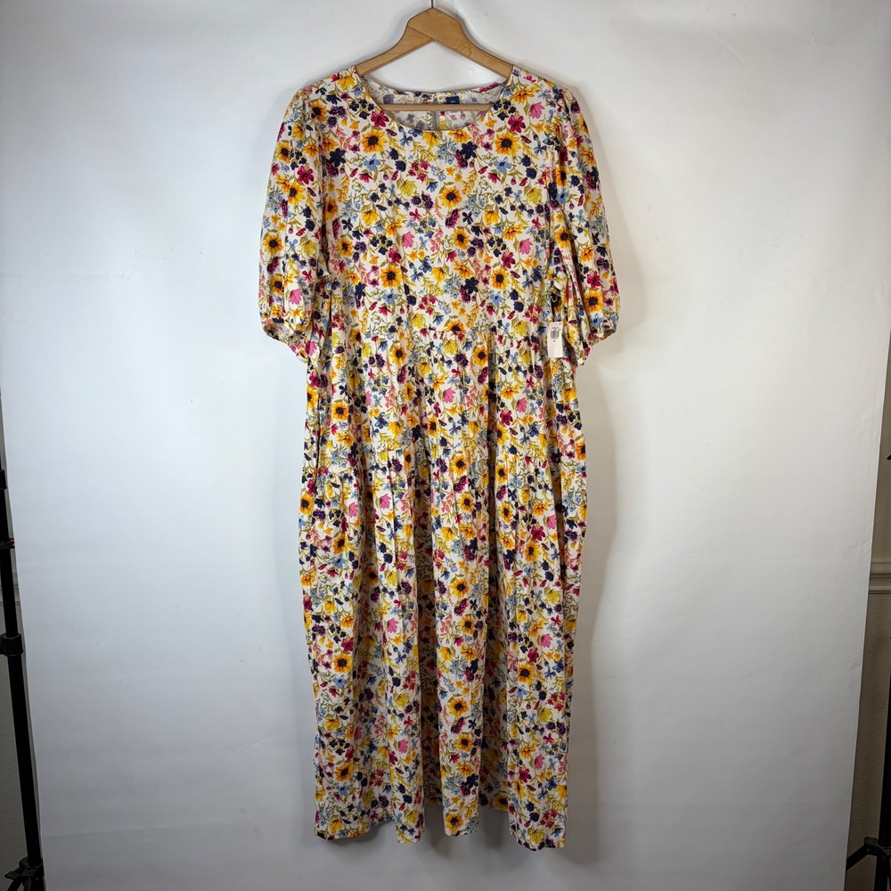 Old Navy Floral Tiered Midi Dress Womens XXL Multicolor Puff Sleeve Pockets